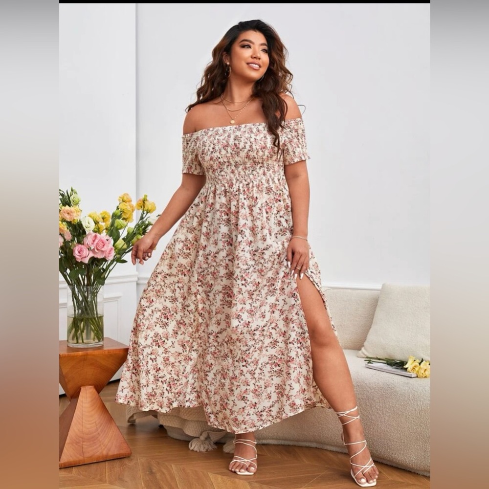 SHEIN VCAY Plus Ditsy Floral Print Off Shoulder Split Thigh Dress.